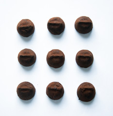 Top view of French chocolate truffles in rows