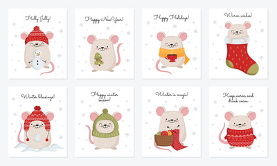 Vector collection of cards with hand drawing cute winter rats in cozy clothes. Creative banner with funny mice for New 2020 Year.