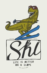 Dinosaur skiing. Cute t-rex raring on skies. Funny winter sports tyrannosaurus vector illustration design.