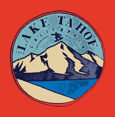 Lake tahoe ski resort vintage label with a snowboarder jumping over the mountain.