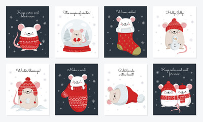 Vector collection of cards with hand drawing cute winter rats in cozy clothes. Creative banner with funny mice for New 2020 Year.