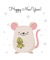 Vector poster with hand drawing cute winter rat in cozy clothes. Creative banner with funny mouse for New 2020 Year.