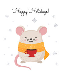 Vector poster with hand drawing cute winter rat in cozy clothes. Creative banner with funny mouse for New 2020 Year.
