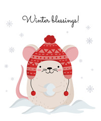 Vector poster with hand drawing cute winter rat in cozy clothes. Creative banner with funny mouse for New 2020 Year.