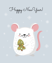 Vector poster with hand drawing cute winter rat and tree. Creative banner with funny mouse for New 2020 Year.