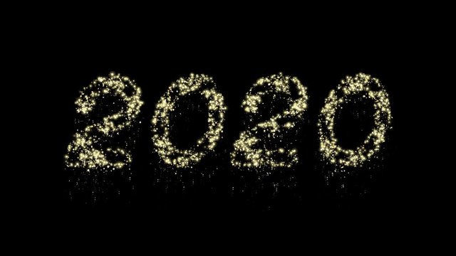 2020 Happy New Year greeting text with particles and sparks on alpha channel. 4K background