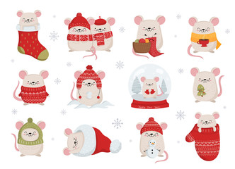 Vector collection of hand drawing cute winter rats in cozy clothes. Creative set of funny mice for New 2020 Year.