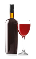 Bottle and glass of wine on white background