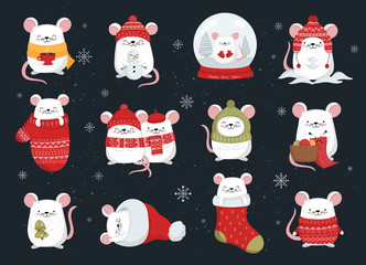 Vector collection of hand drawing cute winter rats in cozy clothes. Creative set of funny mice for New 2020 Year.