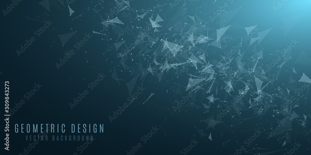 Poster geometric futuristic background. glowing blue triangles and abstract lights. science background. ple