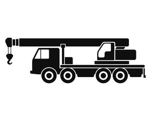 Truck crane icon. Black silhouette. Side view. Vector drawing. Isolated object on a white background. Isolate.