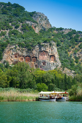 Water taxi heading to Dalyan Rock Tombs and Turtle beach Dalyan River in Turkey.