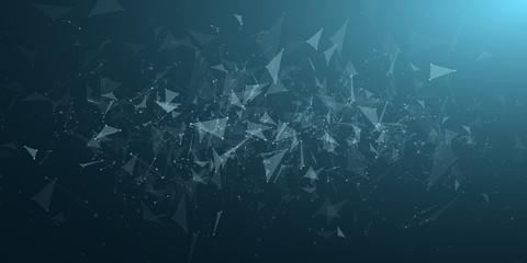 Glowing blue triangles and abstract lights. Geometric futuristic background. Science cover. Plexus style. Vector illustration