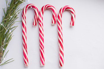 Christmas candies on a white background, with a fir branch and New Year's lights, there is a free place for recording, top view