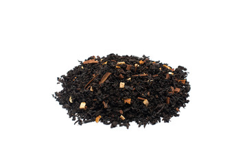 Dry leaves of black fruit tea with cinnamon and orange. Isolate on a white background.