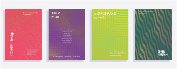 Minimalistic cover design templates. Set of layouts for covers of books, albums, notebooks, reports, magazines. Line halftone gradient effect, flat modern abstract design. Geometric mock-up texture