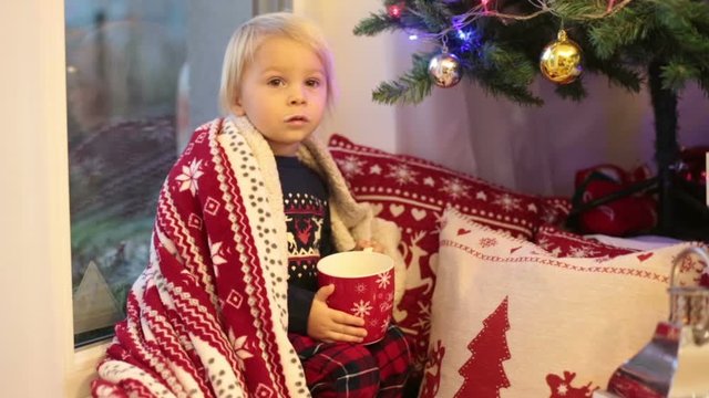 Sweet toddler boy in christmas pajama, sitting on window close to christmas tree, drinking milk and waiting for Satna Claus