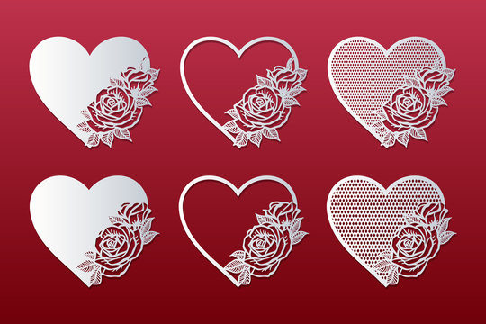 Laser cut hearts set with pattern of roses. Templates for interior design, layouts wedding cards, invitations, Valentine's Day cards. Vector floral hearts.