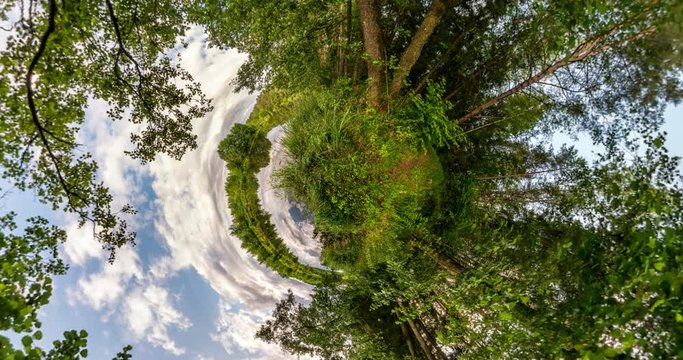 Little planet Transformation with curvature of space. Abstract rotate, torsion and spinning of full flyby panorama in summer forest near river