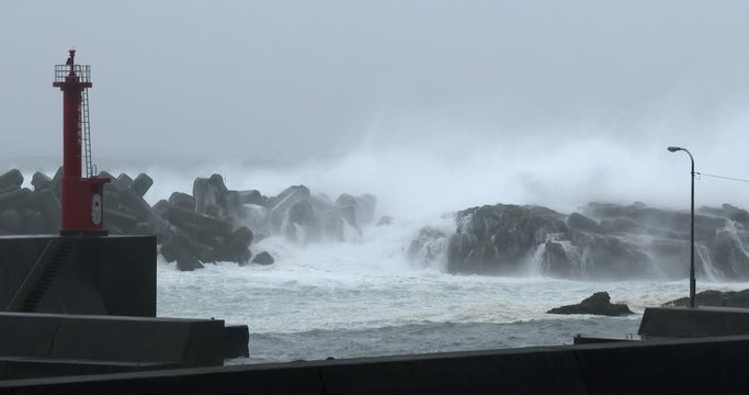 Huge Waves Crash Into Sea Wall In Hurricane - Halong