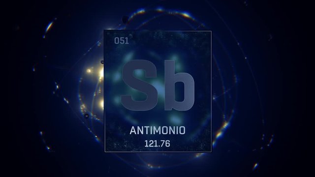 Antimony as Element 51 of the Periodic Table. Seamlessly looping 3D animation on blue illuminated atom design background with orbiting electrons. Name, atomic weight, element number in Spanish languag
