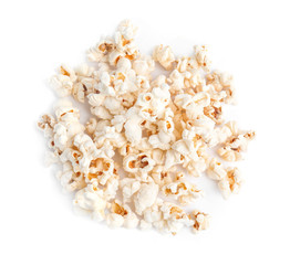 Tasty fresh pop corn isolated on white, top view