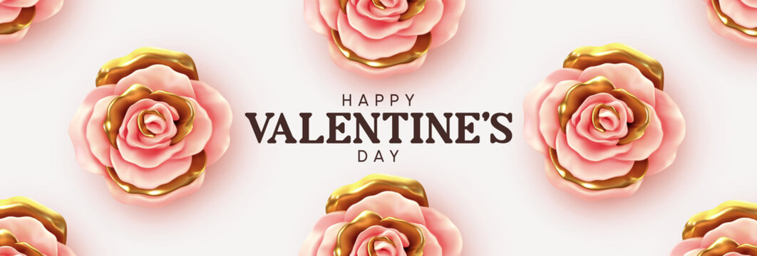 Happy Valentine's Day. Background with realistic 3d flower metal rose, pink and gold color. Pattern of flower buds. Horizontal banner, poster, header for website. Vector illustration