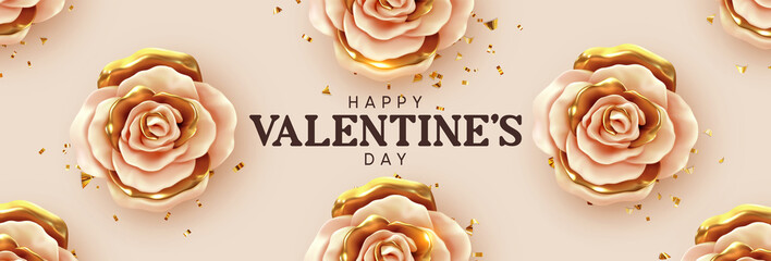 Happy Valentine's Day. Background with realistic 3d flower metal rose, beige and gold color, Glitter golden confetti. Pattern of flower buds. Horizontal banner, poster, header for website. Vector