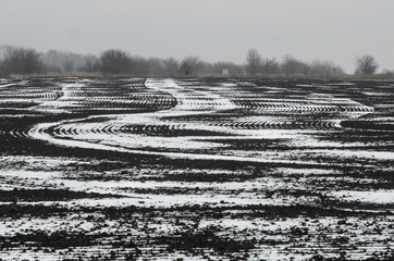 The field is covered with snow, a beautiful winter pattern