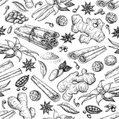 Winter spice seamless pattern, vector drawing. Flavoring seeds and herbs for christmas food - obrazy, fototapety, plakaty