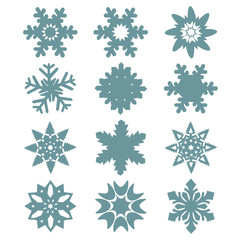 Fototapeta premium Flat snow icons, snow flakes silhouette. Nice element for christmas banner, cards. New year ornament.