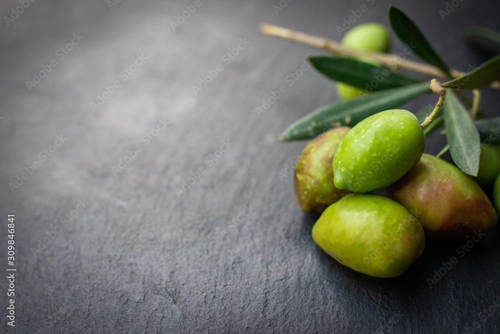 Poster natural olives with olive leaves