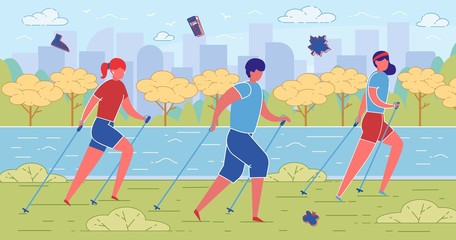 Three Nordic Walking Fans Exercising in Local Park