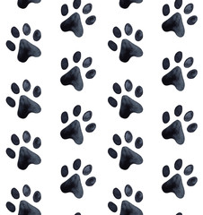 Seamless pattern of animal paw footprint. Hand drawn water color graphic painting on white. Cosy monochrome backdrop for design decoration, web site, banner, poster, fabric, scrapbook paper, card.