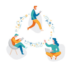 A girl and two men send each other messages. Messages are sent to a laptop, smartphone and tablet.