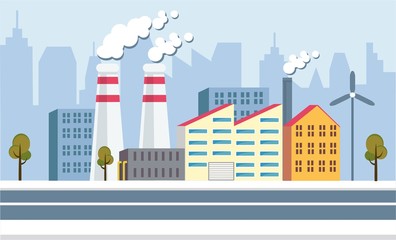 Banner Factory Buildings in Metropolis, Cartoon.