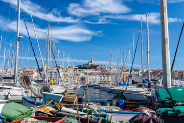 Notre Dame de la Garde Basilica seen from the Old Port, Marseille, France