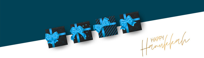 Happy Hanukkah. Traditional Jewish holiday. Chankkah banner or website header background design concept. Judaic religion decor with black luxury gift boxes with blue ribbon. Vector illustration.