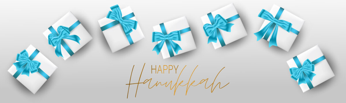 Happy Hanukkah. Traditional Jewish holiday. Chankkah banner or website header background design concept. Judaic religion decor with white luxury gift boxes with blue ribbon. Vector illustration.