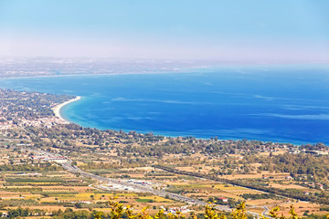 Landscape of Greece. Coast of Aegean sea near Olimpic Mountain. View from Palaios Panteleimonas.