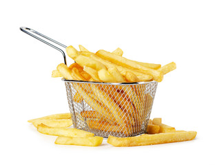 French fries in metal wire basket - obrazy, fototapety, plakaty