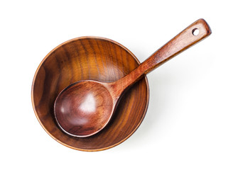 Red wood bowl and red wood spoon isolated