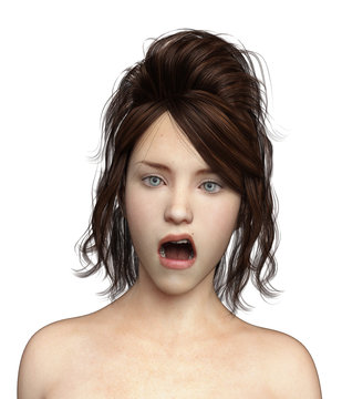 Woman Surprised Portrait on Isolated White, 3D Rendering