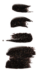 set of wide and narrow brush strokes, black glitter nail polish, isolated element for design.