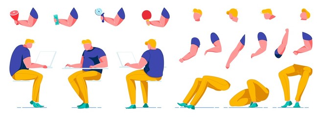 Fat Man Constructor Workes at Table with Comouter.