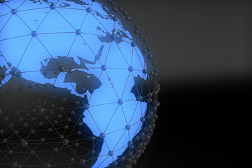 3d rendering of abstract connection network concept.  Network symbolized by red and blue connected spheres Wireframe and globe in empty space. Futuristic shape. Molecular Structure.