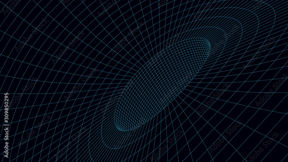 Poster vortex. vector perspective curved grid. wireframe abstract tunnel. 3d vector wormhole with a mesh st