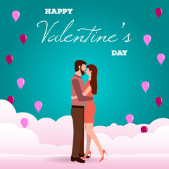 Valentine's Day card with couple kiss and hug on pink clouds. Love concept of man and woman. Vector illustration for poster, flyer, social media post, brochure, postcard, banner on a romantic holiday.