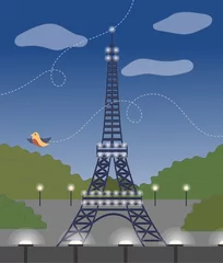 Fotobehang Evening view of Eiffel Tower, front View, evening lighting, bird. Flat style. Vector illustration © Intpro