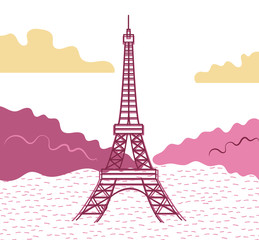 Fototapeta na wymiar Evening view of Eiffel Tower, front View. Flat style. Vector illustration